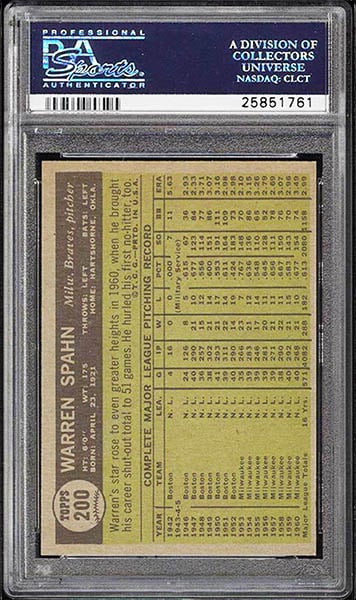 1961 TOPPS WARREN SPAHN CARD #200 GRADED PSA 9 BACK
