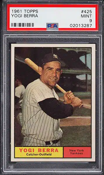 Issued by Topps Chewing Gum Company, Card Number 1, Larry (Yogi) Berra,  Catcher, New York Yankees, from the Topps Red/ Blue Backs series (R414-5)  issued by Topps Chewing Gum Company