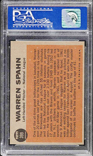1962 TOPPS WARREN SPAHN ALL STAR CARD #399 BACK