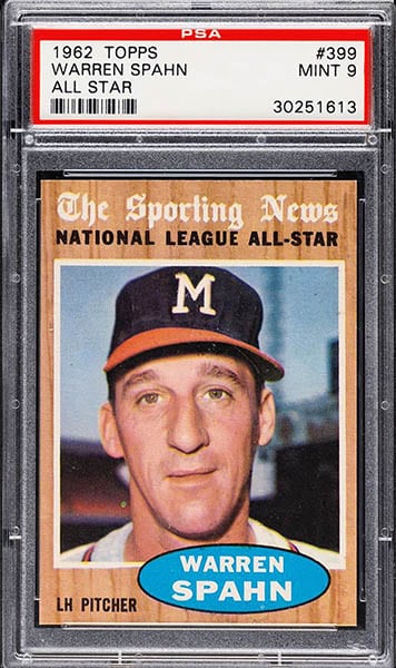 1962 TOPPS WARREN SPAHN ALL STAR BASEBALL CARD #399 GRADED PSA 9