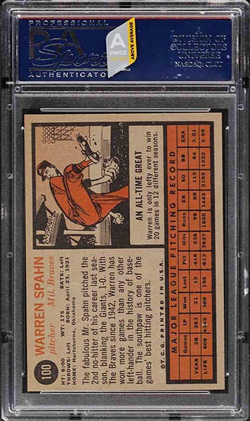 1962 Topps Warren Spahn baseball card #100 graded PSA 8 back side
