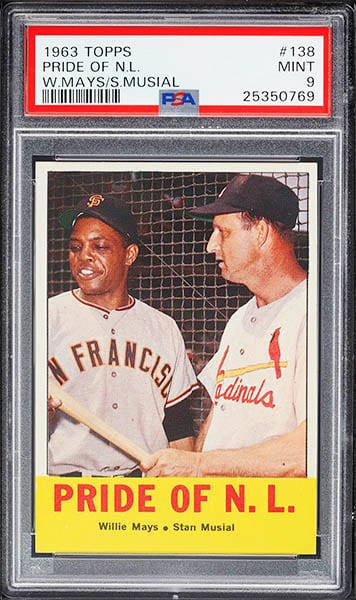 1963 TOPPS STAN MUSIAL & WILLIE MAYS BASEBALL CARD #138 GRADED PSA 9