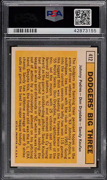  1963 Topps Sandy Koufax Baseball Card #210 Graded PSA