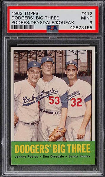 1963 Topps Dodgers' Big Three Sandy Koufax Baseball Card #412 graded PSA 9 mint condition