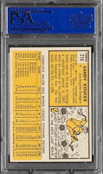 1963 Topps Sandy Koufax baseball card #210 graded PSA 9 back side