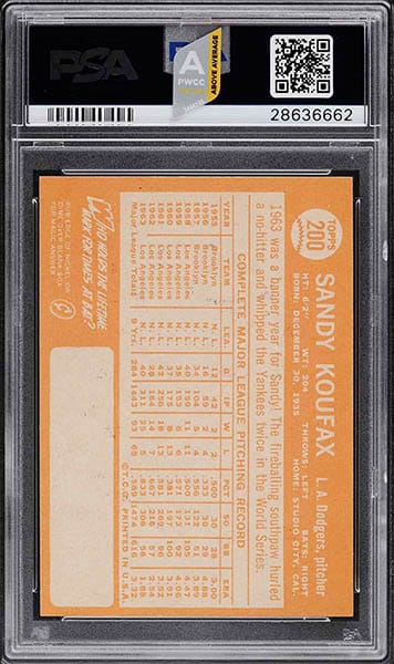 1964 Topps Sandy Koufax baseball card #200 graded PSA 9 back side