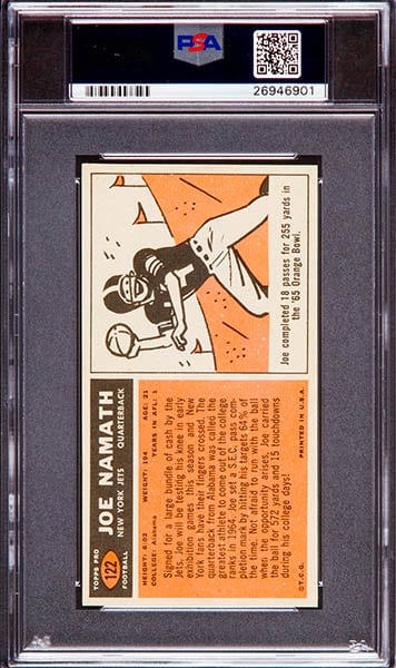 1965 Topps Joe Namath rookie card graded PSA 9 back