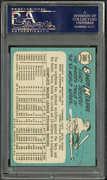 1965 Topps Sandy Koufax Card #300 graded PSA 9 Backside
