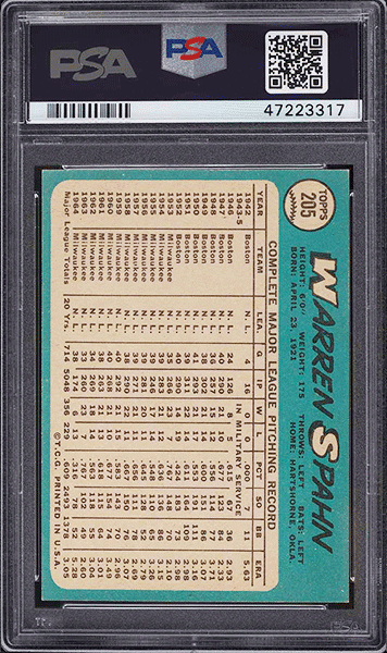 1965 Topps Warren Spahn #205 PSA 9 back side