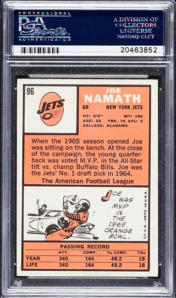 1966 Topps Joe Namath football card graded PSA 9 back