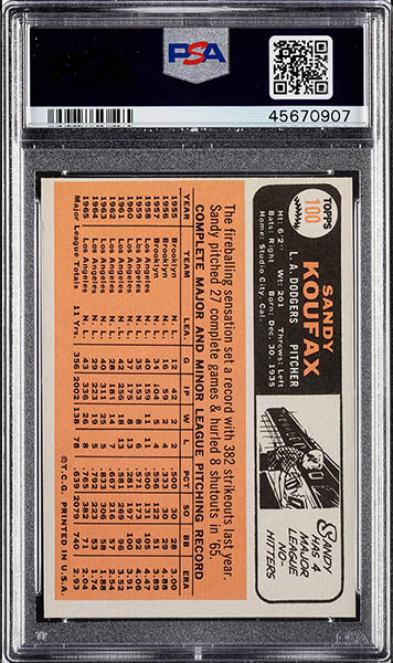 1966 Topps Sandy Koufax Baseball Card #100 graded PSA 9 mint condition Back