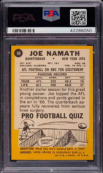 1967 Topps Joe Namath football card graded PSA 9 back