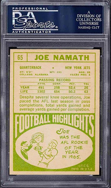 1968 Topps Joe Namath football card graded PSA 9 back