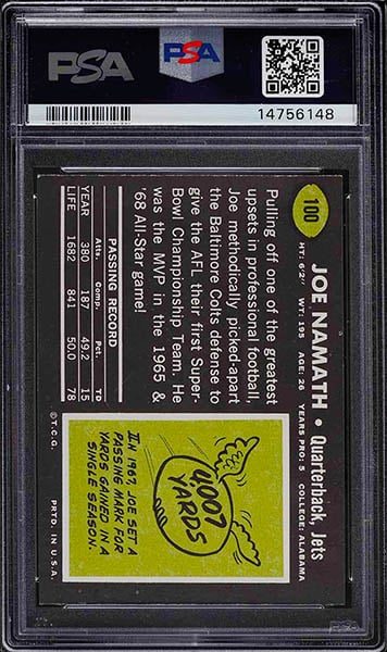 1969 Topps Joe Namath football card graded PSA 9 back