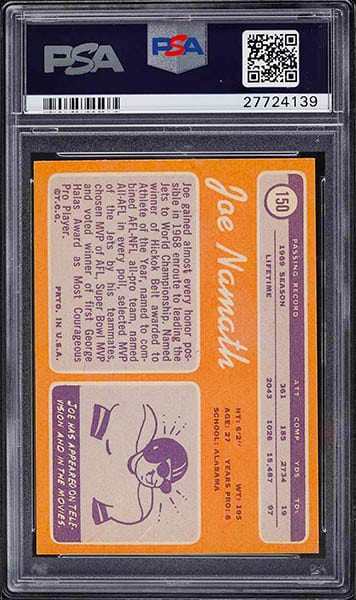 1970 Topps Joe Namath football card graded PSA 9 back