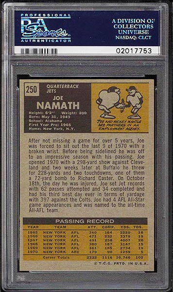 1971 Topps Joe Namath football card graded PSA 9 back