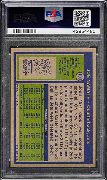 1972 Topps Joe Namath football card graded PSA 9 back