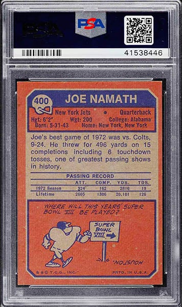 1973 Topps Joe Namath football card graded PSA 9 back