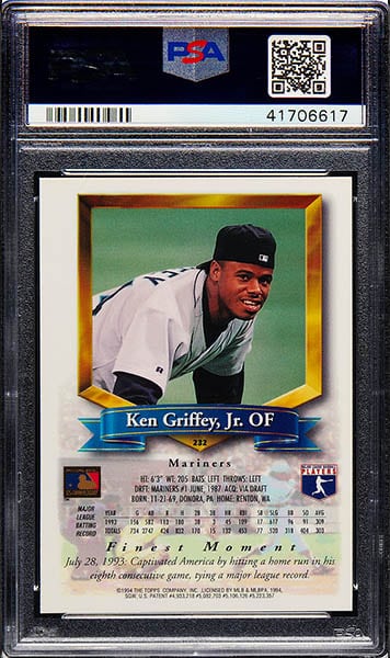 1994 Finest Ken Griffey Jr. Refractor #232 graded PSA 10 back
