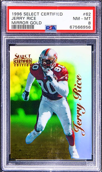1996 Select Certified Jerry Rice Mirror Gold parallel football card #62 graded PSA 8