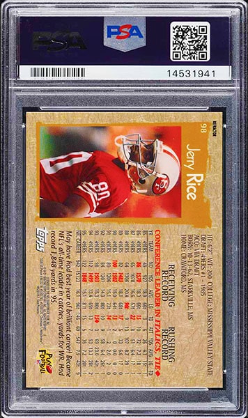1996 Topps Chrome Jerry Rice Refractor parallel football card #98 graded PSA 10 back