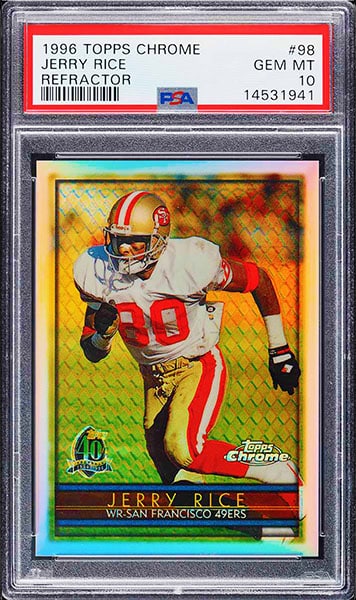 1996 Topps Chrome Jerry Rice Refractor parallel football card #98 graded PSA 10