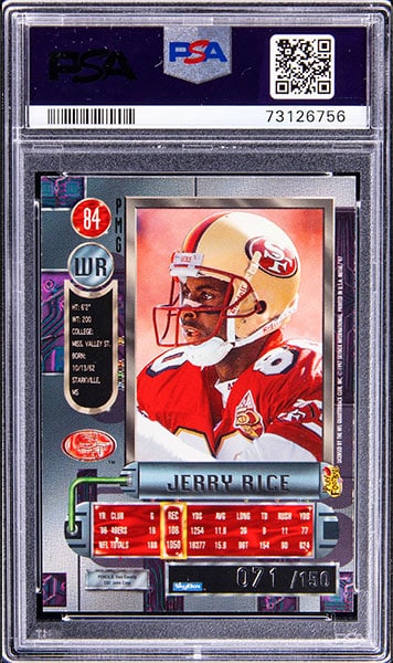 1997 Metal Universe Jerry Rice Precious Metal Gems Red parallel football card #84 graded PSA 7 back