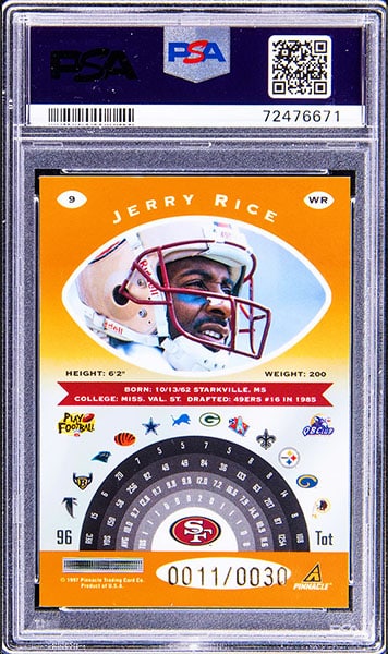 1997 Pinnacle Totally Certified Jerry Rice Platinum Gold parallel football card #9 graded PSA 9 back
