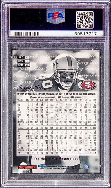 1998 Flair Showcase Legacy Collection Masterpiece 1 of 1 Jerry Rice #6 graded PSA 7 back