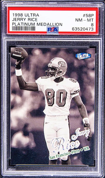 1998 Fleer Ultra Jerry Rice Platinum Medallion parallel football card #58P graded PSA 8