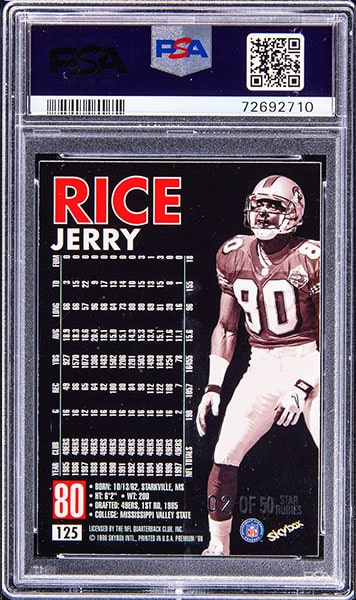 1998 Skybox Premium Jerry Rice Star Rubies parallel football card #125 graded PSA 6 back