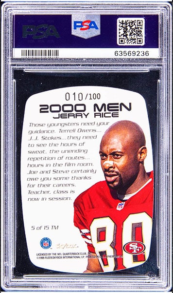 1999 Skybox Premium Jerry Rice 2000 Men football card insert #5 graded PSA 10 back