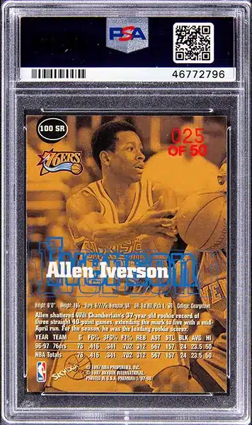 1997 Skybox Premium Star rubies Allen Iverson basketball card parallel #100 graded PSA 9 back