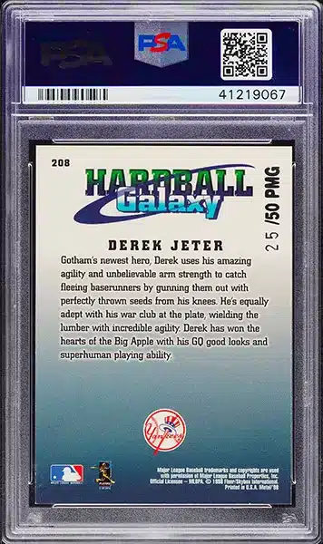 1998 Metal Universe Derek Jeter Precious Metal Gems baseball card parallel #208 graded PSA 8.5 back