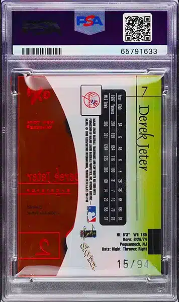 1998 Skybox E-X2001 Derek Jeter Essential Credentials baseball card parallel #7 graded PSA 9 mint condition back