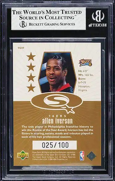 1998 UD Choice Starquest Gold Allen Iverson basketball card insert #SQ20 graded BGS 8 back