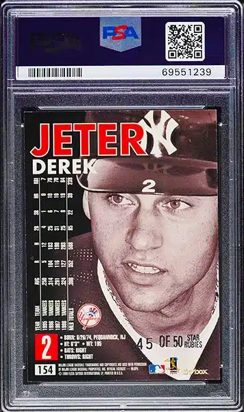 1999 Skybox Premium Derek Jeter Star Rubies baseball card parallel #154 graded PSA 8 back