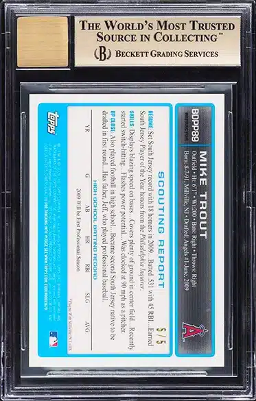 2009 Bowman Chrome Red Refractor Mike Trout ROOKIE AUTO 5/5 #BDPP89 BGS 9.5 GEM MINT BACK