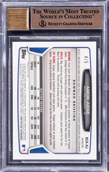 2013 Bowman Chrome Draft Pick Autographs Red Refractor #BCA-AJ Aaron Judge Signed Rookie Card (#4/5) – BGS GEM MINT 9.5 back side