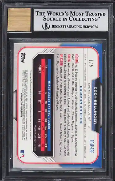 2015 Bowman Chrome Red Refractor Cody Bellinger ROOKIE AUTO 1/5 #BCAP-CBE BGS 9 back side
