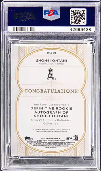 2018 Topps Definitive Rookie Autographs Red #DRA-SO Shohei Ohtani Signed Rookie Card (#1/1) – PSA GEM MT 10 back