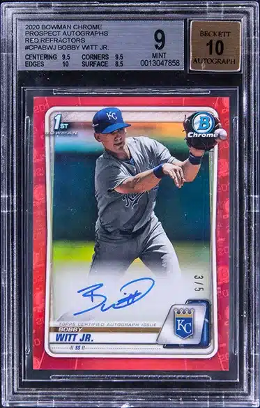 2020 Bowman Chrome Prospect Autographs Red Refractor #CPA-BWJ Bobby Witt Jr. Signed Rookie Card (#3/5) - BGS MINT 9
