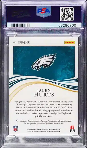 2020 Immaculate Jalen Hurts ROOKIE NFL SHIELD PATCH AUTO DNA 10 1/1 PSA 8 NM-MT back