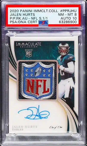2020 Immaculate Jalen Hurts ROOKIE NFL SHIELD PATCH AUTO DNA 10 1/1 PSA 8 NM-MT
