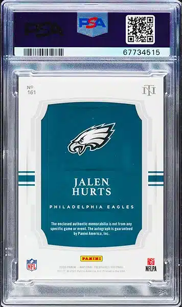 2020 National Treasures Brand Logo Red Jalen Hurts ROOKIE PATCH AUTO 2/2 PSA 9 back