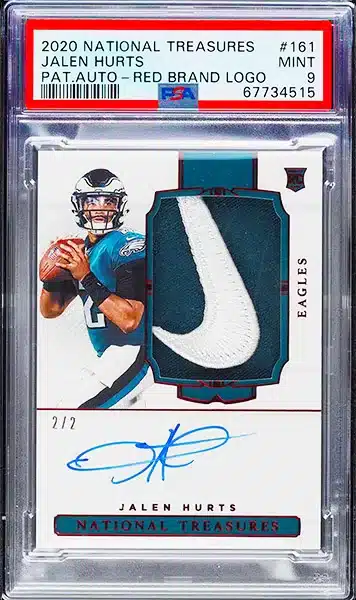 2020 National Treasures Brand Logo Red Jalen Hurts ROOKIE PATCH AUTO 2/2 PSA 9