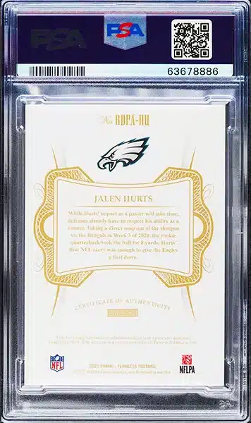 2020 Panini Flawless Dual Silver Jalen Hurts ROOKIE PATCH AUTO /20 PSA 10 GEM back