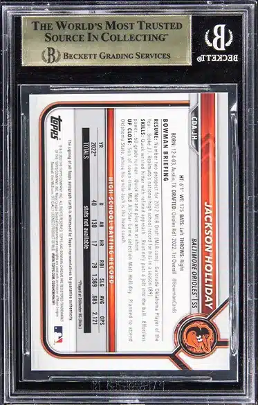 2022 Bowman Chrome Draft Autographs Red Refractor #CDA-JH Jackson Holliday Signed Rookie Card (#5/5) – BGS PRISTINE 10 BACK