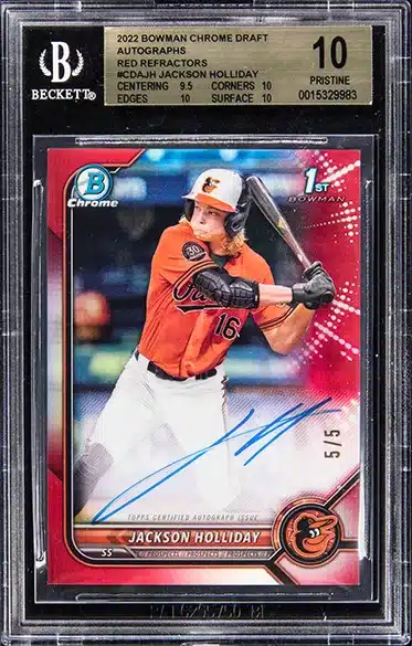 2022 Bowman Chrome Draft Autographs Red Refractor #CDA-JH Jackson Holliday Signed Rookie Card (#5/5) – BGS PRISTINE 10