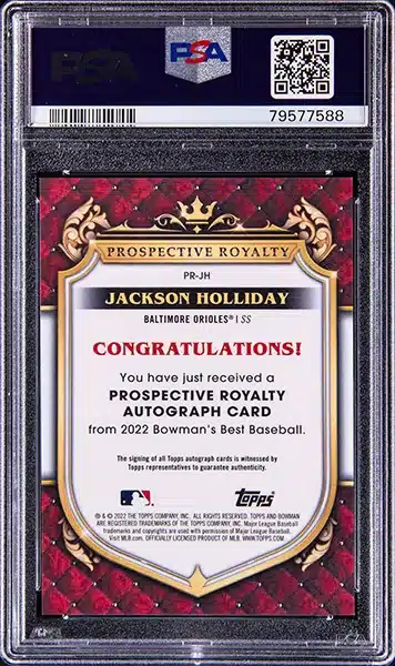 2022 Bowman's Best Prospective Royalty Autograph Lava #PR-JH Jackson Holliday Signed Rookie Card (#18/50) - PSA MINT 9 BACK